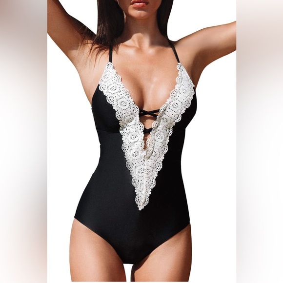 Cupshe Other - CUPSHE Women's One Piece Vintage Lace Deep VNeck Cutout Swimsuit Black Large NWT